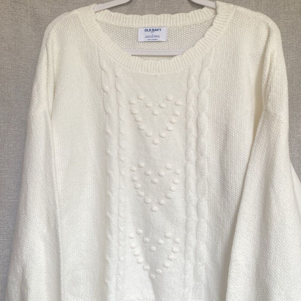 Old Navy SoSoft Sweater Womens L Ivory Bobble Cable Knit Crewneck Hearts NWT
